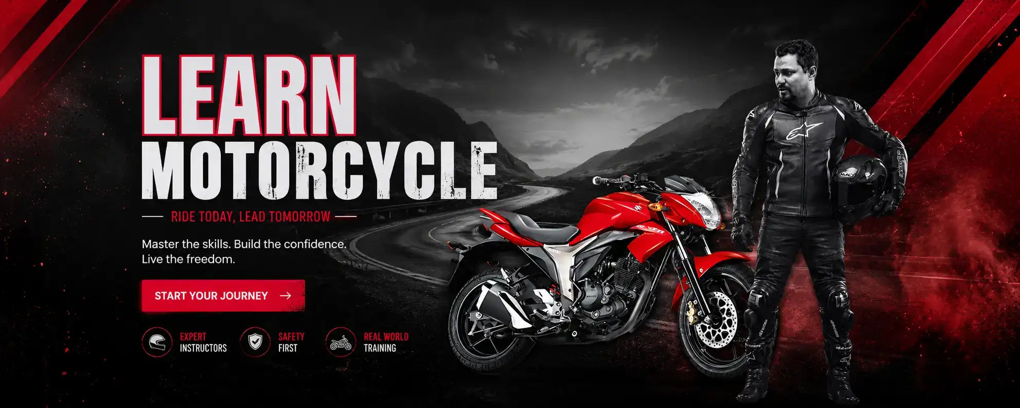 Man in motorcycle gear standing next to a red motorcycle with promotional text on a dark background